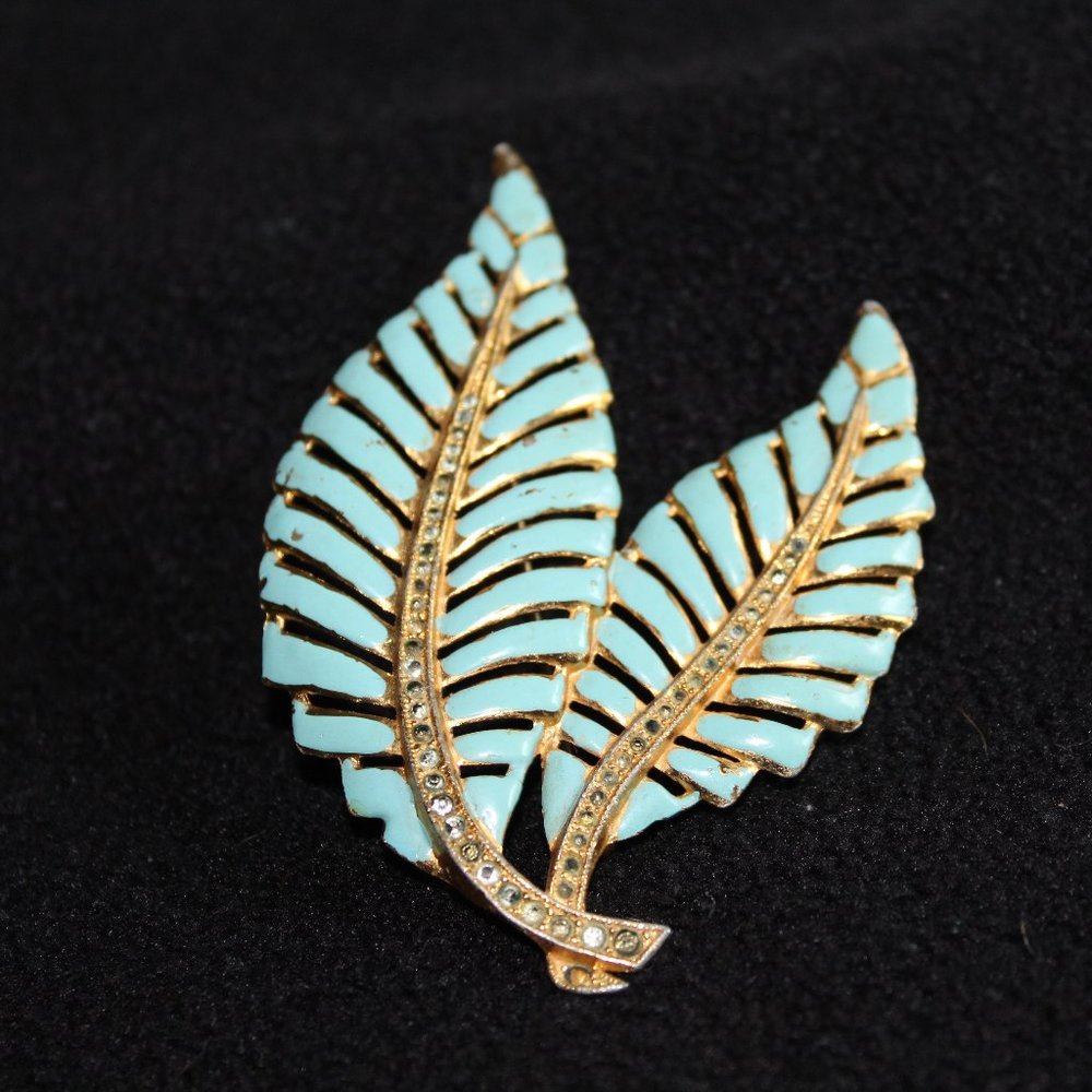 Vintage Teal Enamel With Rhinestone Brooch